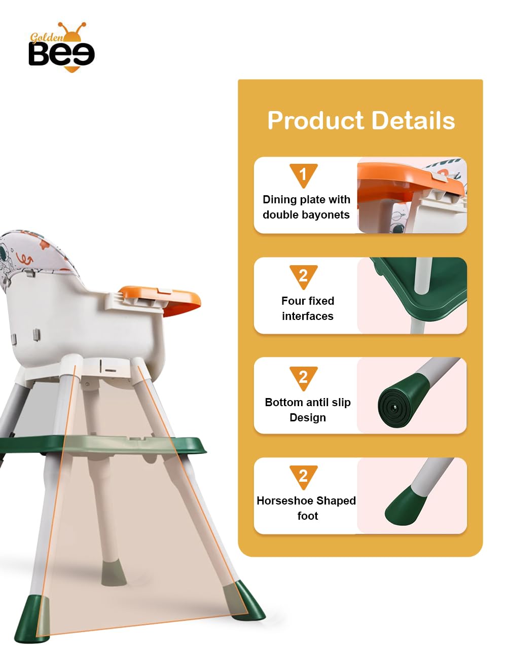 Golden Bee Multifunction 5 in 1 Baby High Chair, Lower & Booster Baby Chair with Food Tray, Study Table & Game Table, Certified for Safety, for Baby Boy & Girl from 6 Month to 5 Years (Orange) - Image 2