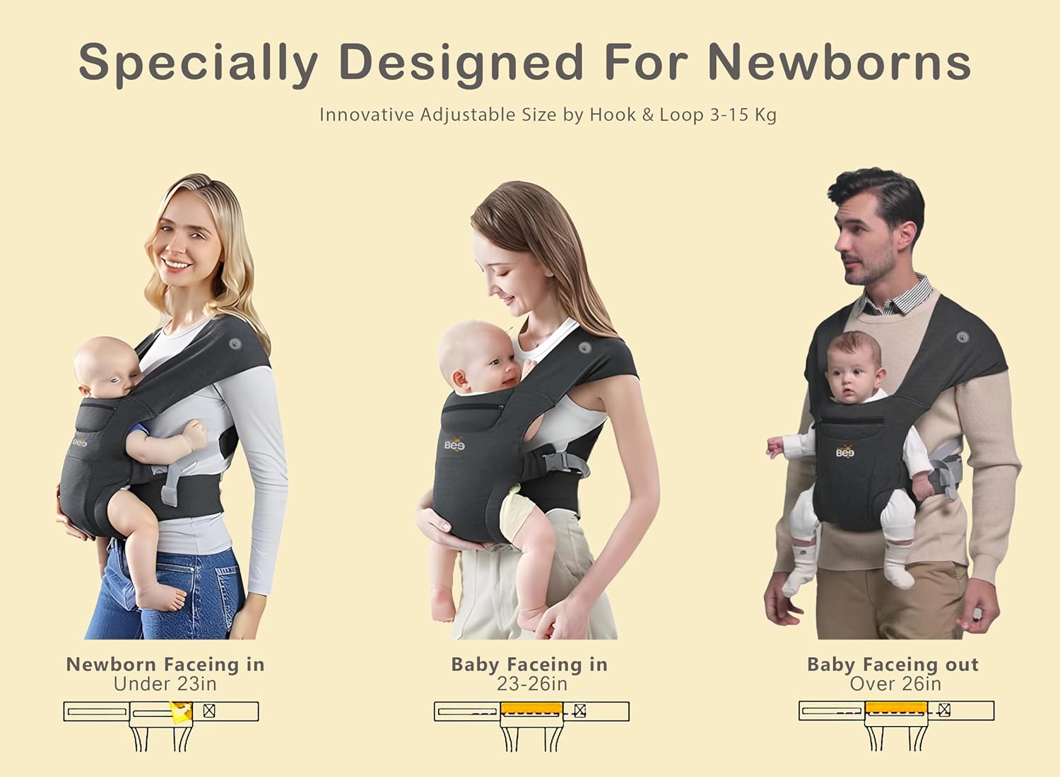 Golden Bee Cozy Nest Newborn Baby Carrier, Ergonomic, Baby Wrap Carrier, Padded Head & Neck Support, Soft Cosy Fabric, Suitable from New-born to toddler 3-24 months (3 to 12 kg) (BLACK) - Image 7
