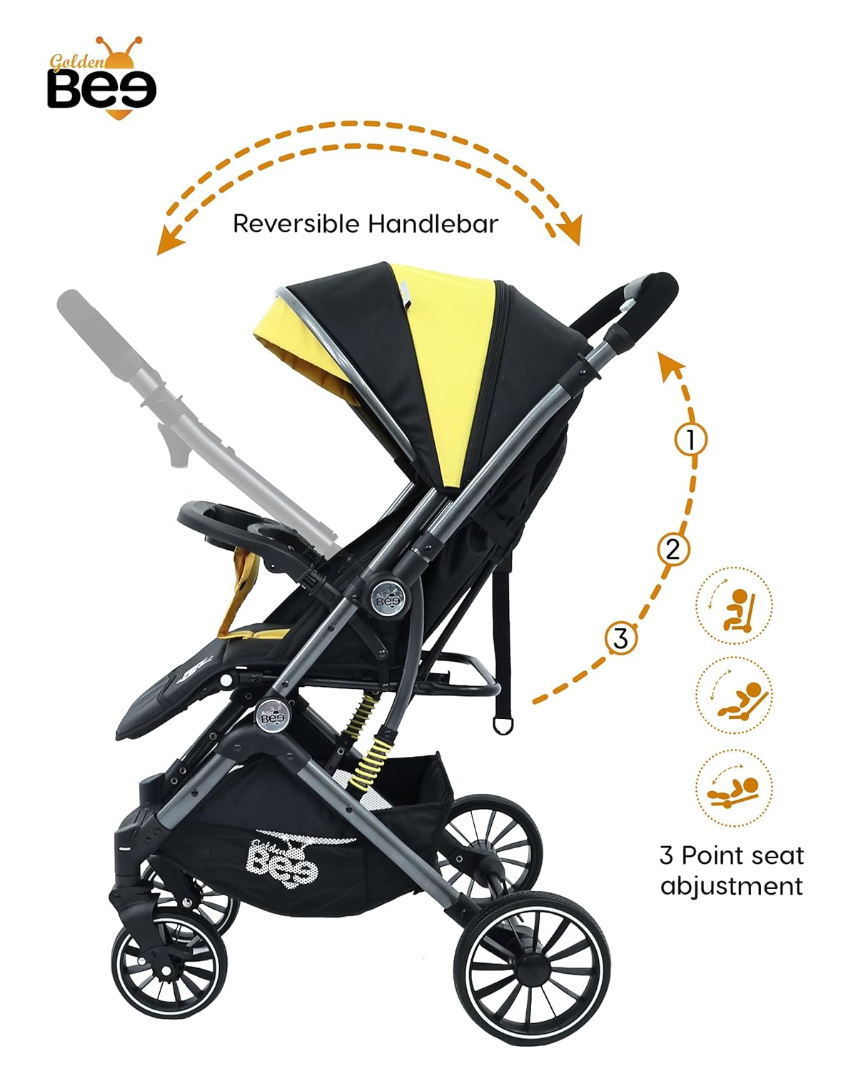 Golden Bee Choco Joy Stylish Baby Stroller/Parm with Detachable Food Tray, Lightweight Travel Stroller, Easy Towable, 5 Point Safety Harness, Baby Stroller for 0-3 Years Boys & Girl (Golden Black) - Image 2