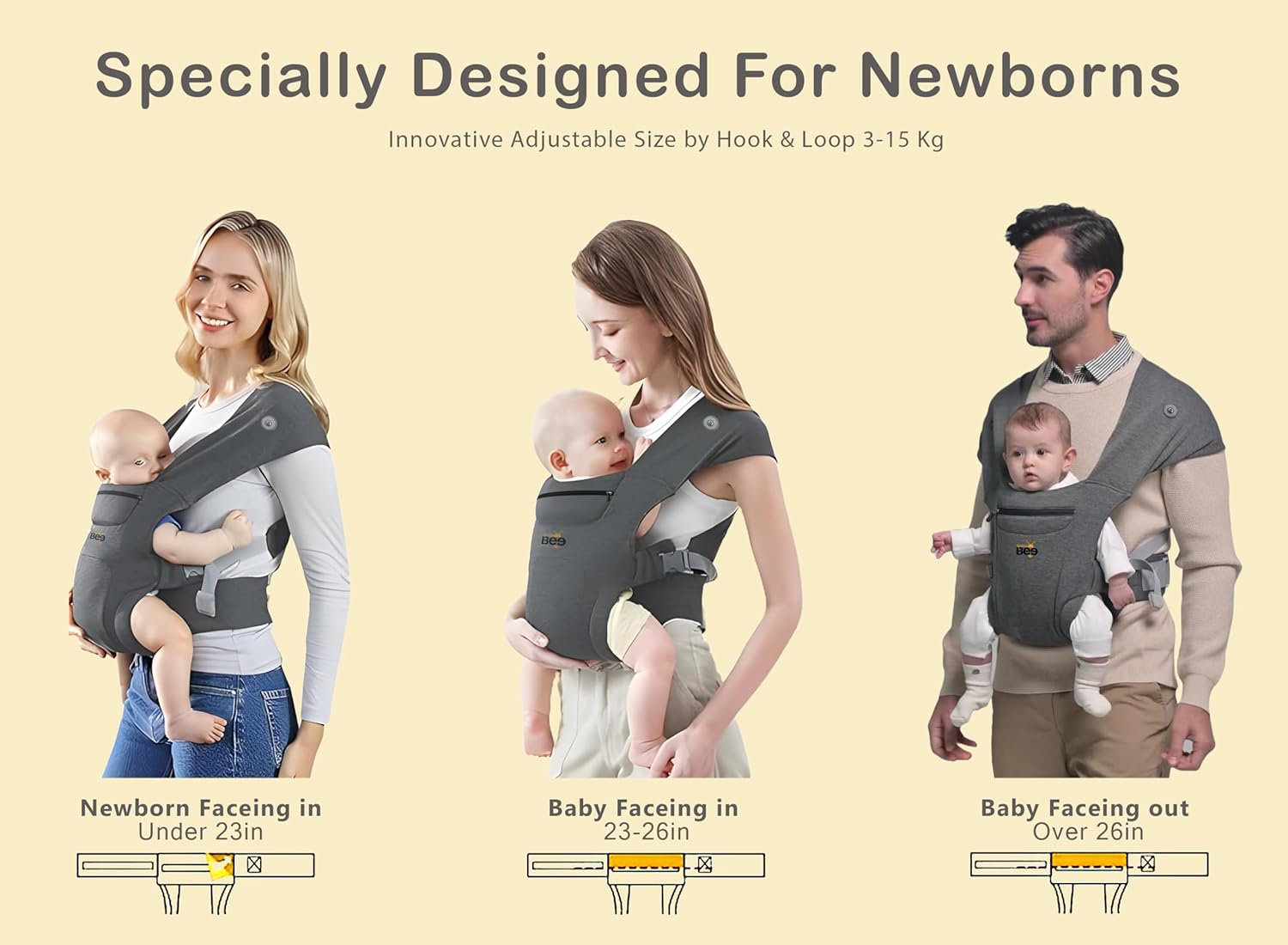 Golden Bee Cozy Nest Newborn Baby Carrier, Ergonomic, Baby Wrap Carrier, M-Shape Sitting Position, Padded Head & Neck Support, Baby Carrier for New Born to Toddler 3-24 Months (3 to 12 Kg) (Grey) - Image 2