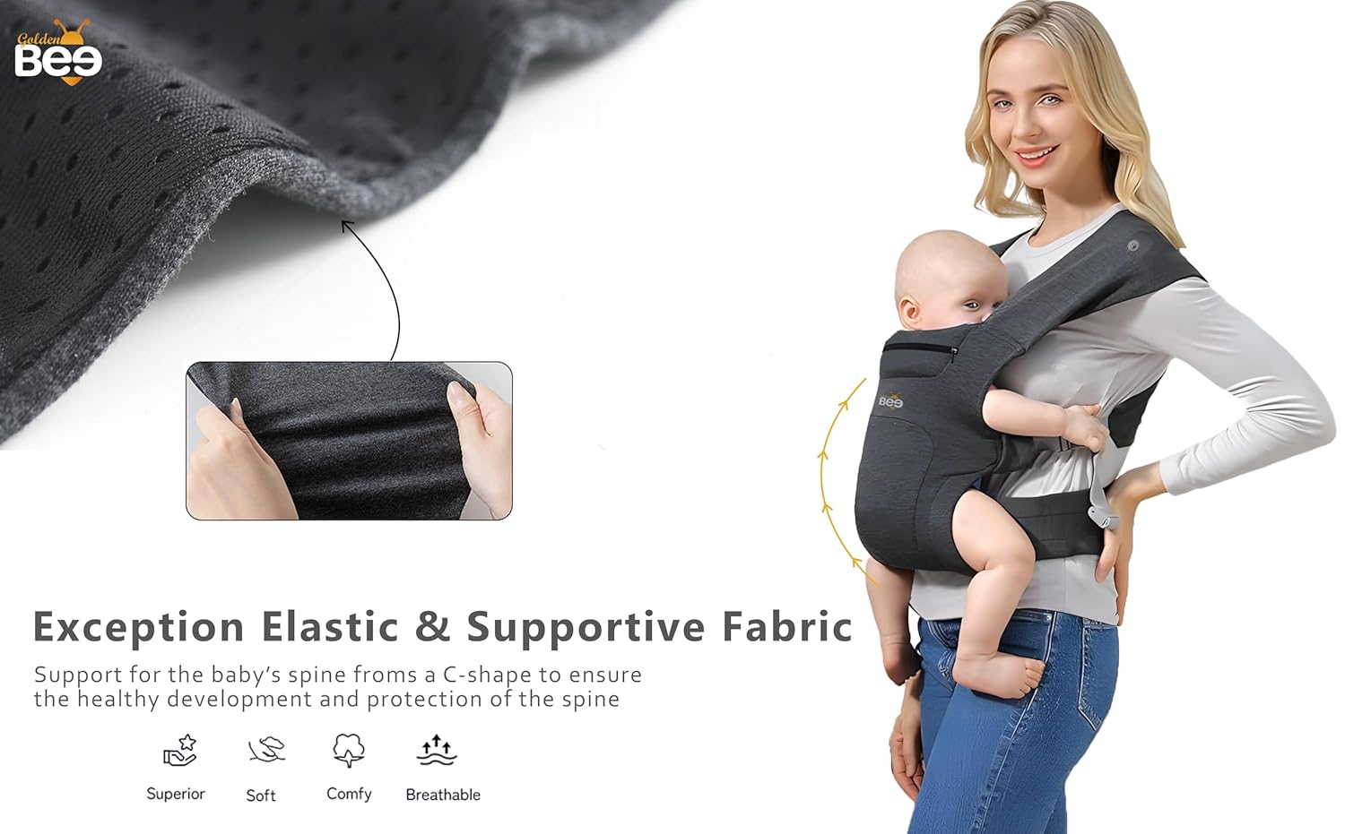Golden Bee Cozy Nest Newborn Baby Carrier, Ergonomic, Baby Wrap Carrier, Padded Head & Neck Support, Soft Cosy Fabric, Suitable from New-born to toddler 3-24 months (3 to 12 kg) (BLACK) - Image 6