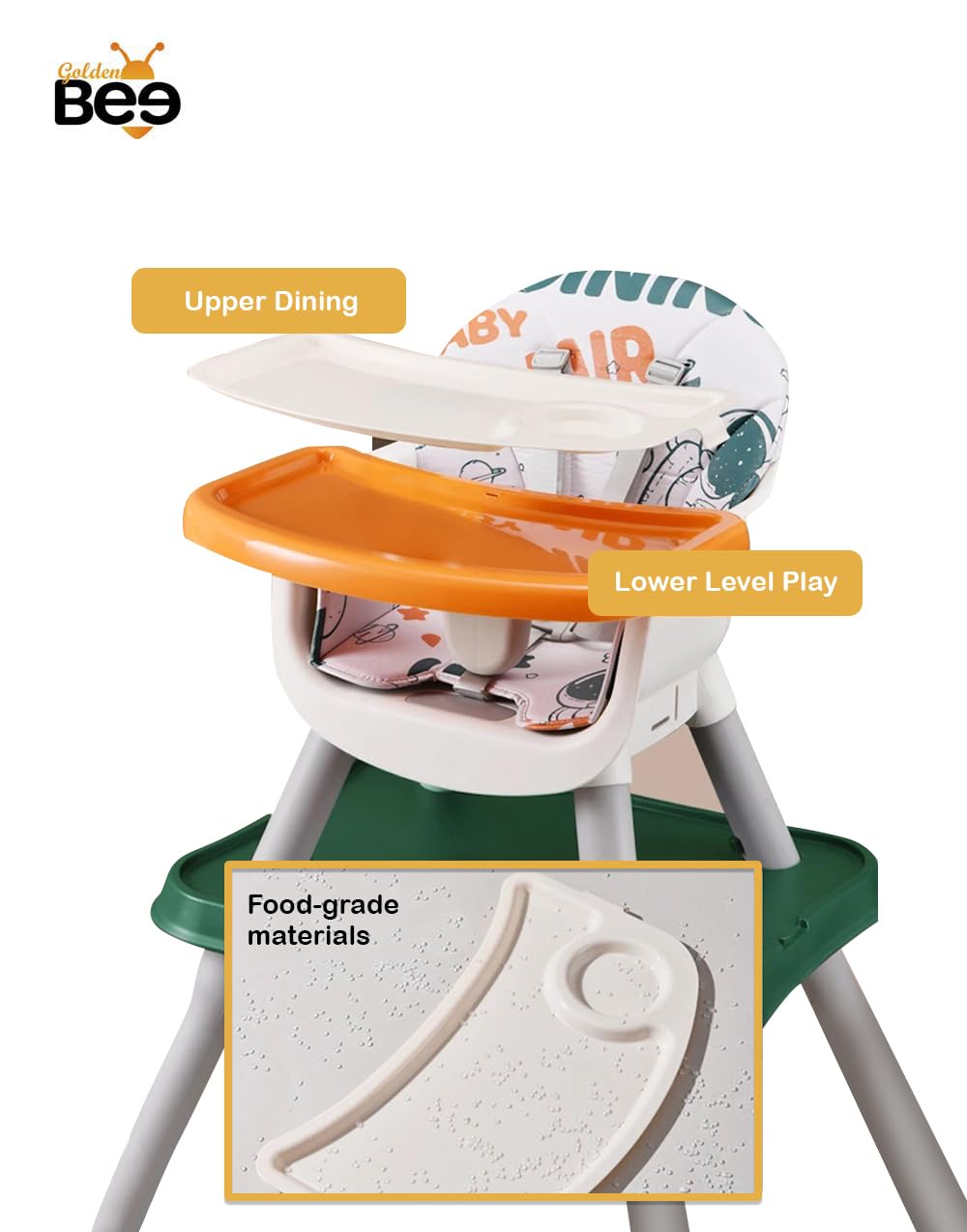 Golden Bee Multifunction 5 in 1 Baby High Chair, Lower & Booster Baby Chair with Food Tray, Study Table & Game Table, Certified for Safety, for Baby Boy & Girl from 6 Month to 5 Years (Orange) - Image 4