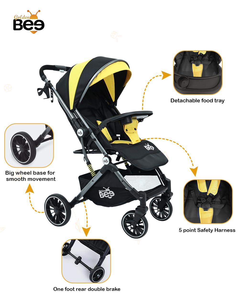Golden Bee Choco Joy Stylish Baby Stroller/Parm with Detachable Food Tray, Lightweight Travel Stroller, Easy Towable, 5 Point Safety Harness, Baby Stroller for 0-3 Years Boys & Girl (Golden Black) - Image 4