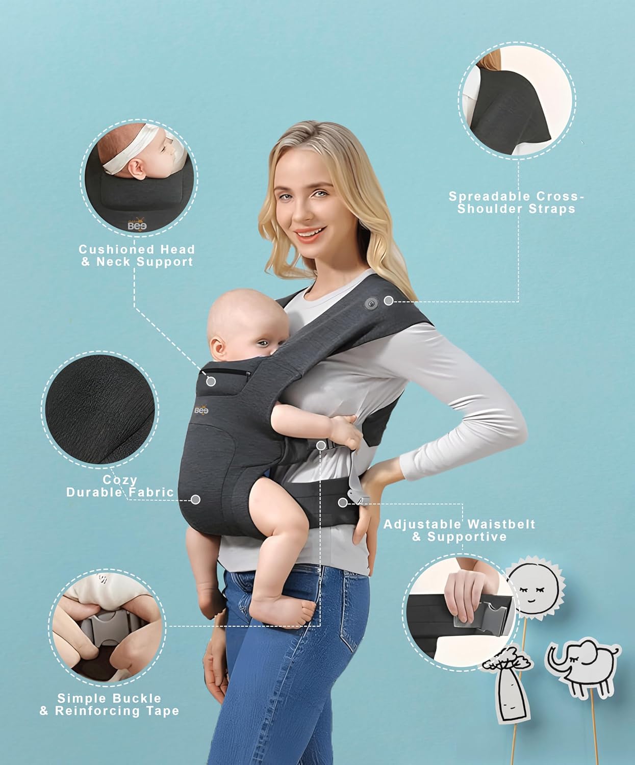 Golden Bee Cozy Nest Newborn Baby Carrier, Ergonomic, Baby Wrap Carrier, Padded Head & Neck Support, Soft Cosy Fabric, Suitable from New-born to toddler 3-24 months (3 to 12 kg) (BLACK) - Image 4