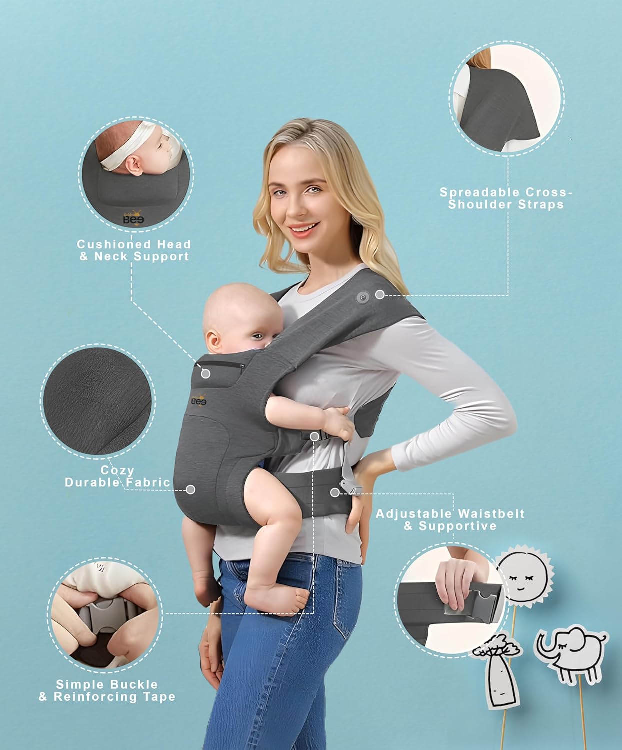 Golden Bee Cozy Nest Newborn Baby Carrier, Ergonomic, Baby Wrap Carrier, M-Shape Sitting Position, Padded Head & Neck Support, Baby Carrier for New Born to Toddler 3-24 Months (3 to 12 Kg) (Grey) - Image 5