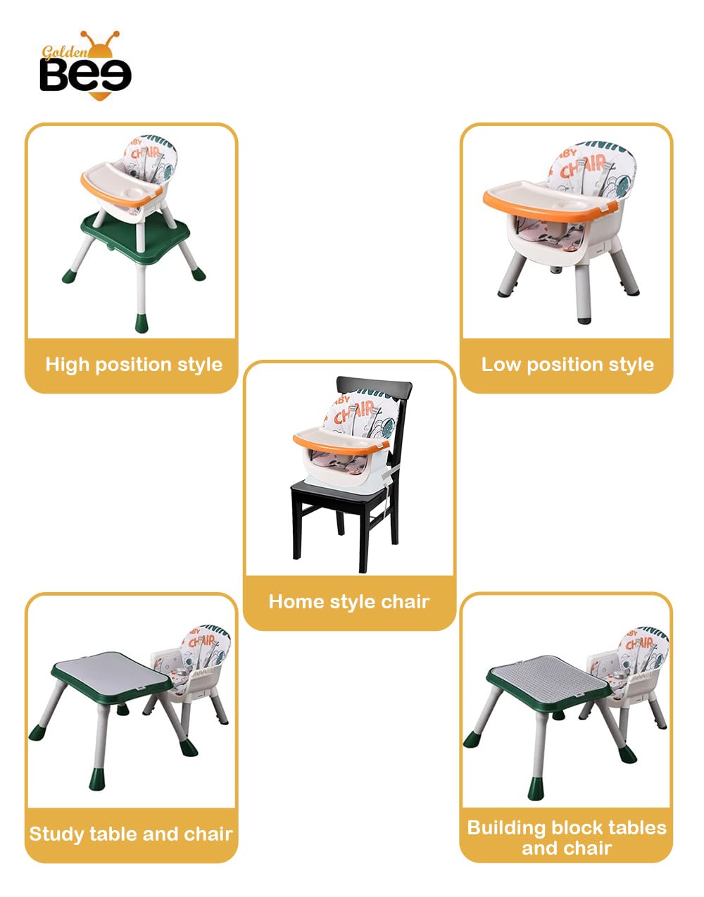 Golden Bee Multifunction 5 in 1 Baby High Chair, Lower & Booster Baby Chair with Food Tray, Study Table & Game Table, Certified for Safety, for Baby Boy & Girl from 6 Month to 5 Years (Orange) - Image 6