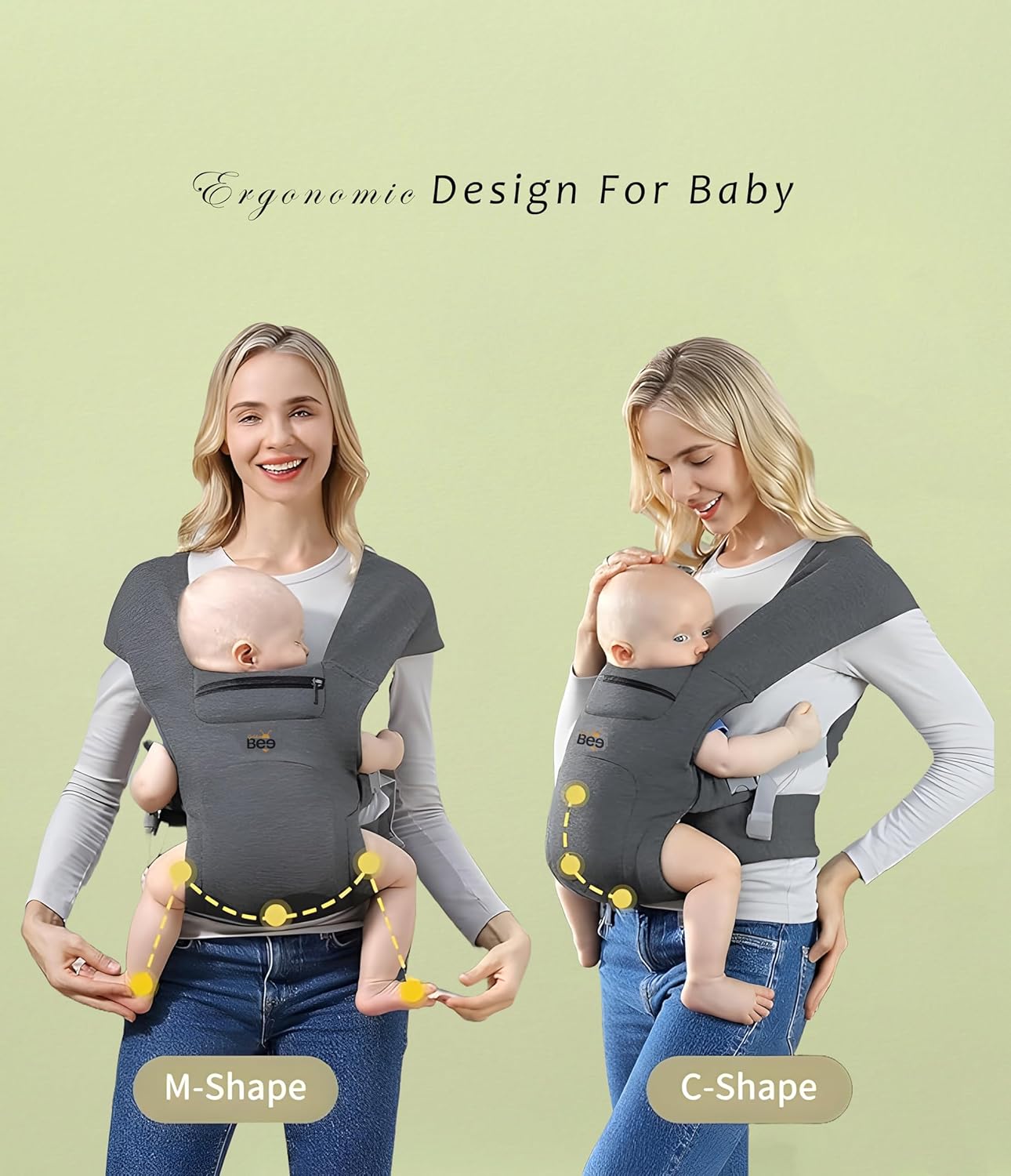 Golden Bee Cozy Nest Newborn Baby Carrier, Ergonomic, Baby Wrap Carrier, M-Shape Sitting Position, Padded Head & Neck Support, Baby Carrier for New Born to Toddler 3-24 Months (3 to 12 Kg) (Grey) - Image 7