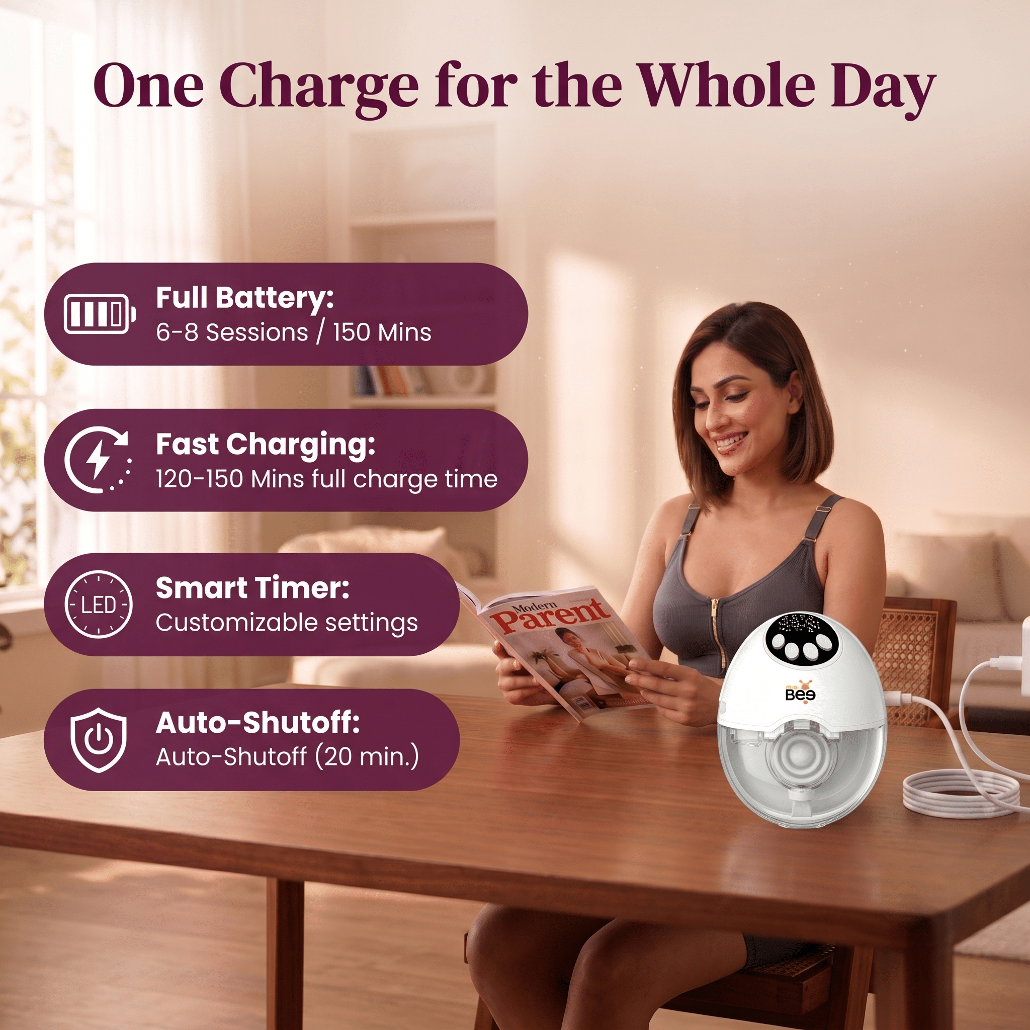 Golden Bee Electric Breast Pump for Feeding Mothers, Wearable Breast Milk Pump, Portable Rechargeable Breastfeeding Pump with 4 Modes & 12 Levels, 160ml BPA-Free Milk Cup, LED Display, 1200mAh battery , 1 Year Warranty - Image 4