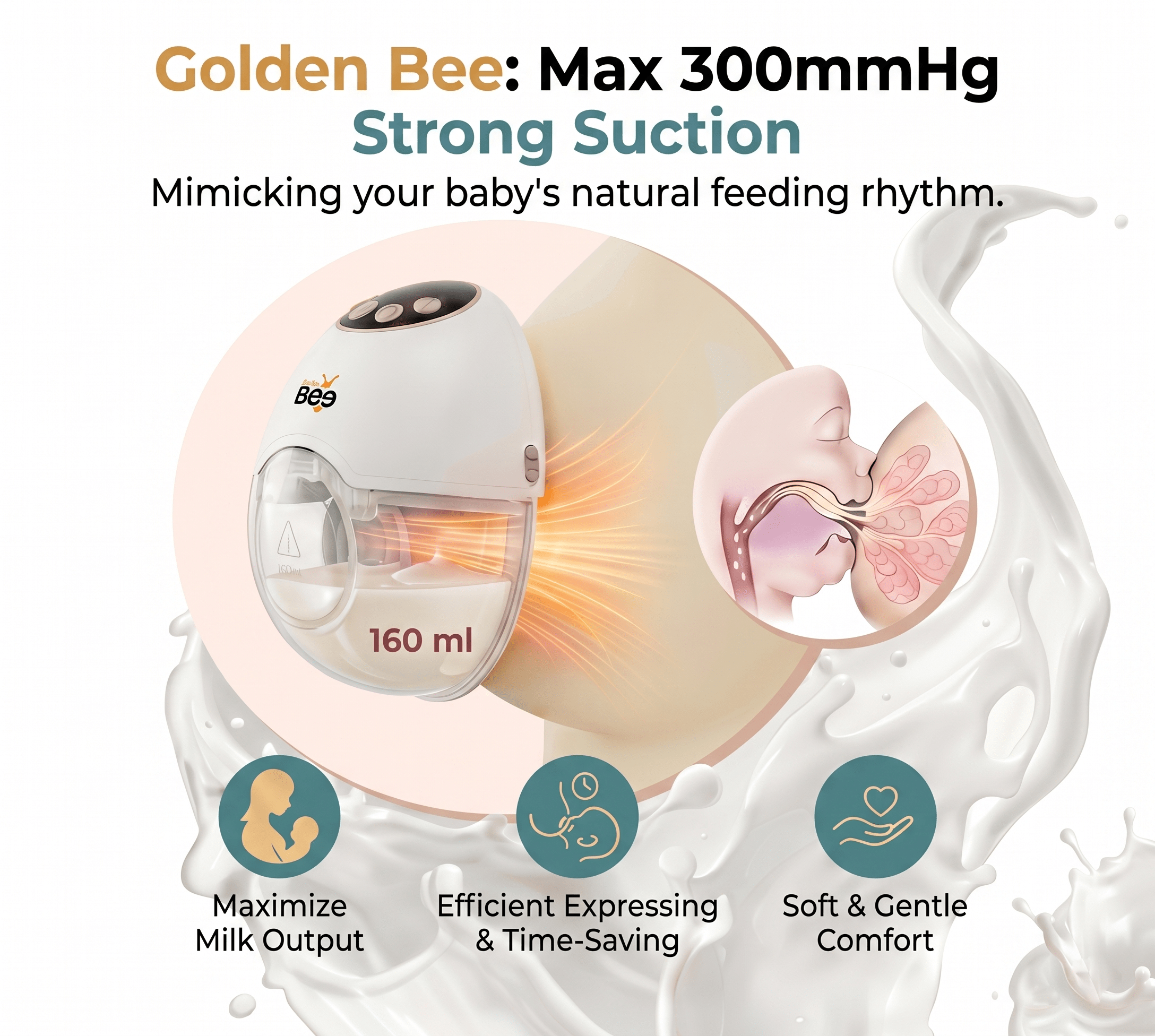 Golden Bee Electric Breast Pump for Feeding Mothers, Wearable Breast Milk Pump, Portable Rechargeable Breastfeeding Pump with 4 Modes & 12 Levels, 160ml BPA-Free Milk Cup, LED Display, 1200mAh battery , 1 Year Warranty - Image 2